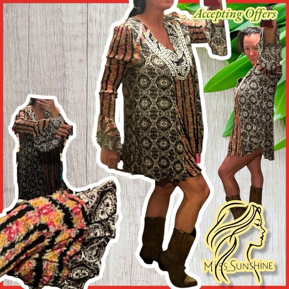 Free People - Sz M - Boho - 70’s - Dress / Tunic - tiered bell sleeves - Picture 2 of 11